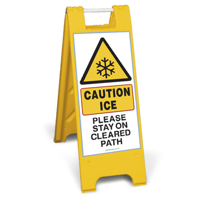 Caution ice please stay on cleared path sign stand