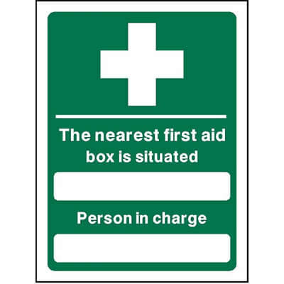 The nearest first aid box is situated sign