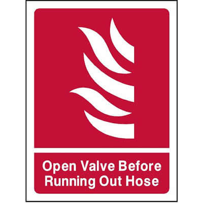 Open valve before running out hose sign