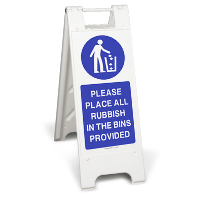 Please place all rubbish in the bins sign stand
