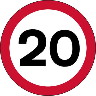 Maximum speed limit 20mph sign