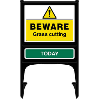 Beware grass cutting today sign